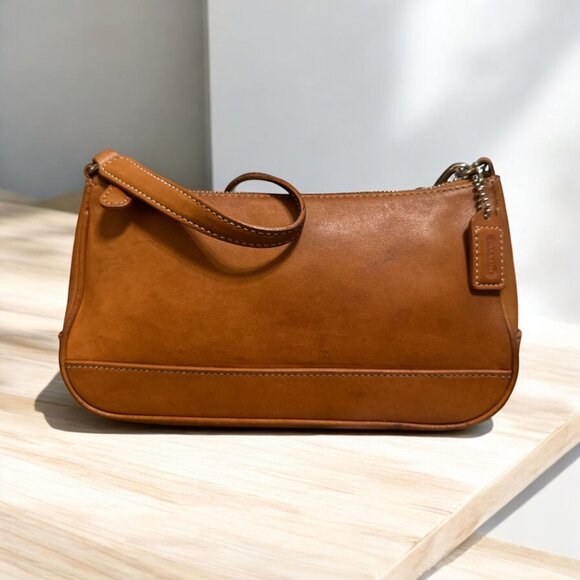 VTG Coach Purse Tan Leather Hampton Demi Baguette 7785 Wristlet Clutch Y2K Mini - Picture 1 of 10